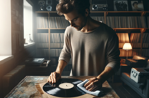 Un homme debout devant une table nettoie un disque vinyle avec un chiffon