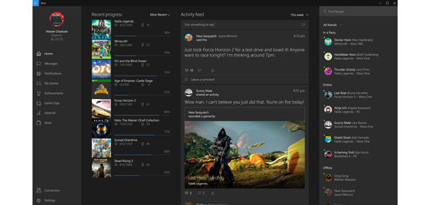 Écran d'accueil de l'application Xbox sur Windows 10