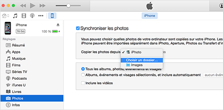 Menu synchronisation des photos d'un iDevice avec iTunes