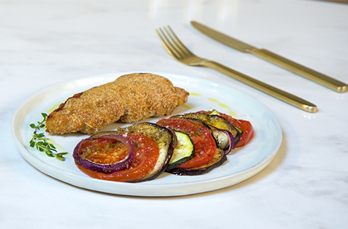 Escalope milanaise et tian de légumes du soleil au micro-ondes