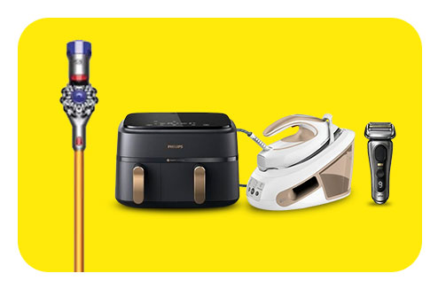 4 produits de petit électroménager sur un fond jaune