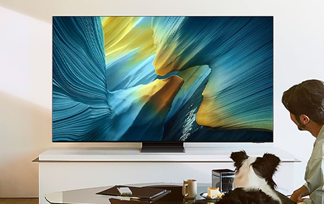Un homme et son chien assis dans un canapé dans un intérieur moderne et épuré face à un écran OLED Samsung