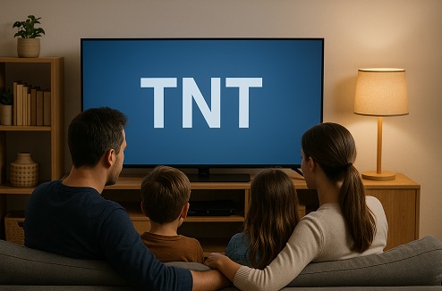 Une famille regarde la TNT dans son salon