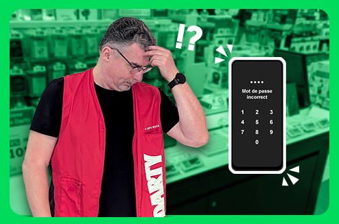 Un vendeur Darty l'air pensif devant un smartphone affichant l'interface de mot de passe