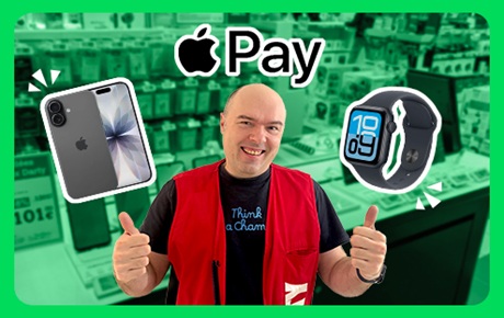Un vendeur Darty sous une Apple Watch, un iPhone et le sigle Apple Pay