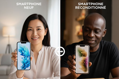 Une femme et un homme montre un smartphone reconditionné et un autre neuf