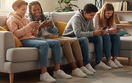 Un groupe d'ados assis sur un canapé en train de consulter leurs smartphones