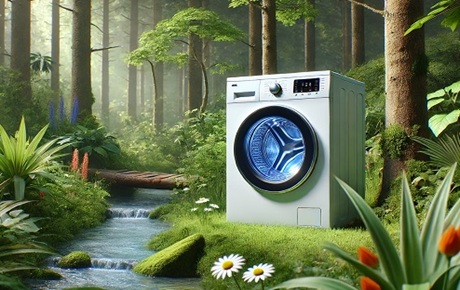 Une machine à laver est posée dans une foret à côté d'un cours d'eau