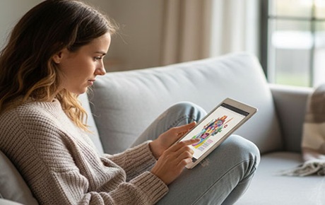 Une femme assise dans son canapé utilise sa tablette tactile 