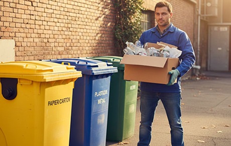 Un homme tient un carton de déchets devant des poubelles de tri