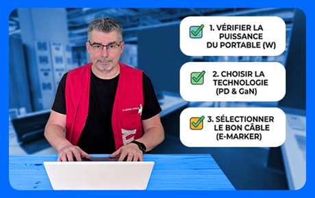 Un vendeur Darty à côté d'un pictogramme montrant les étapes pour choisir son chargeur USB poour PC