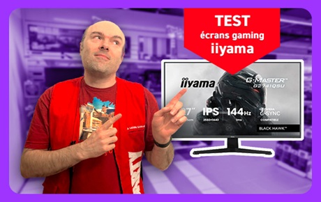 Un vendeur Darty se tient à coté d'un écran PC iiyama
