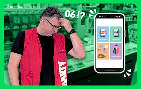 Un vendeur Darty se gratte la tête à coté d'un smartphone affichant des spa