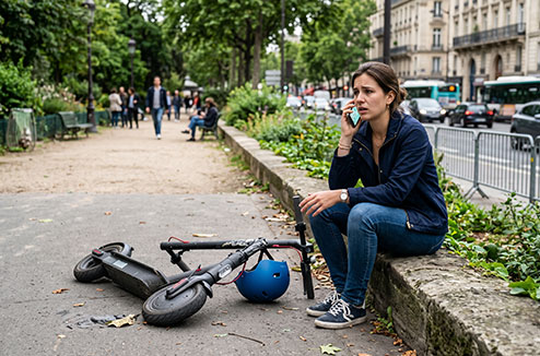 Une jeune femme assise téléphone à côté de sa trottinette électrique cassée