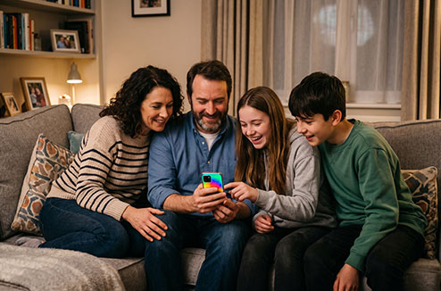 Une famille assise sur un canapé consulte un smartphone 