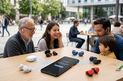 Une famille partage sur des écouteurs le son d'un même smartphoen via Auracast