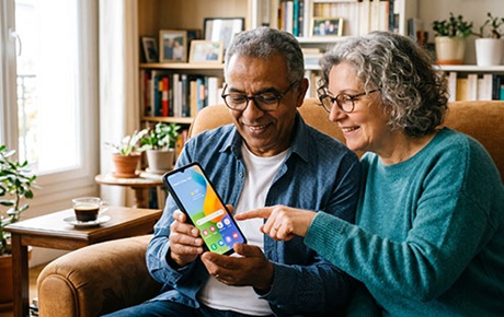un hommme explique Android à une femme avec un smartphone