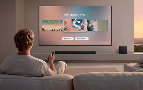 Un jeune homme regarde une TV Samsung branchée sur une barre de son Samsung