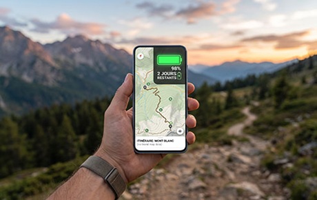 Une main tient un smartphone avec un paysage de montagne en arrière-plan