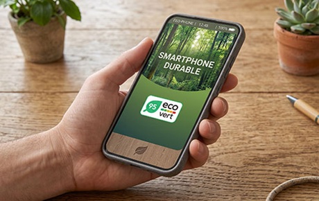 Une main tient un smartphone ecoresponsable