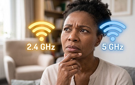 Une femme à l'air interrogatif avec les symboles des wifi 2,4 et 5Ghz autour de sa tête