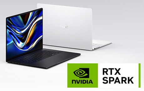 2 PC portables Asus à côté d'un logo Nvidia RTX Spark