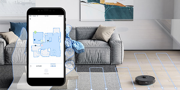 L&rsquo;aspirateur robot se connecte &agrave; votre smartphone ou votre tablette gr&acirc;ce au Bluetooth et &agrave; votre r&eacute;seau internet via le Wifi.
