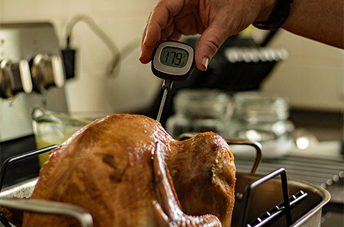 Une sonde de cuisine plantée dans un poulet au four