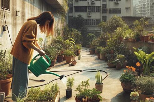Une femme arrose des plantes dans son jardin urbain
