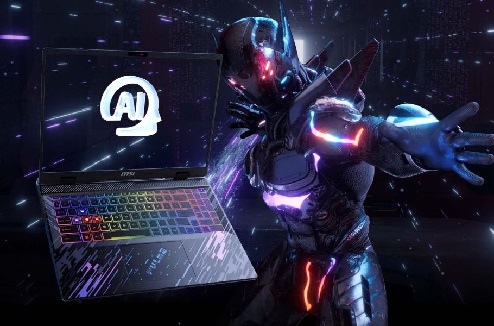 Humanoide à côté d'un PC portable gaming Msi