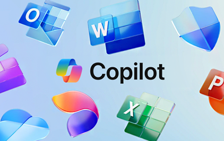 Les logos des différentes applications Microsoft volant sur un fond bleu avec au centre le logo Copilot