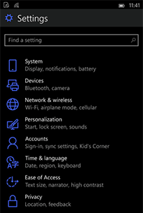 Paramètres sur Windows 10 mobile
