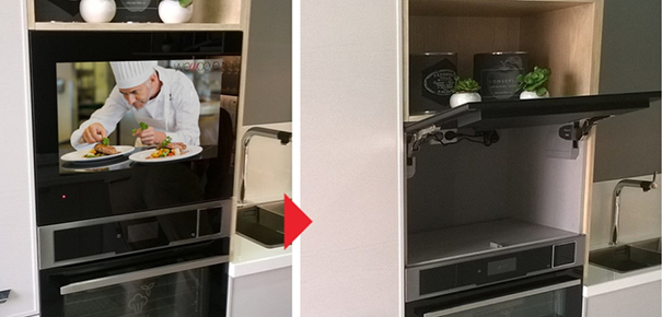 Le téléviseur Wemoov encastrable s'intègre complètement dans votre meuble de cuisine